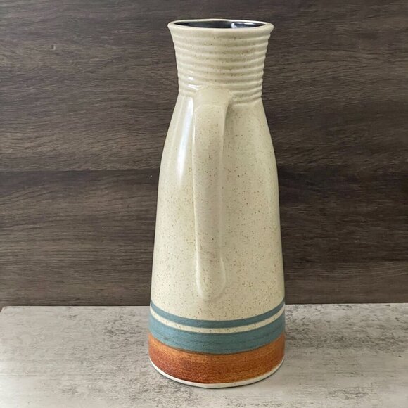 Vintage Lapid Israel Hand Painted Cream Blue Brown Stripe Stoneware Pitcher 12"H - Picture 2 of 9